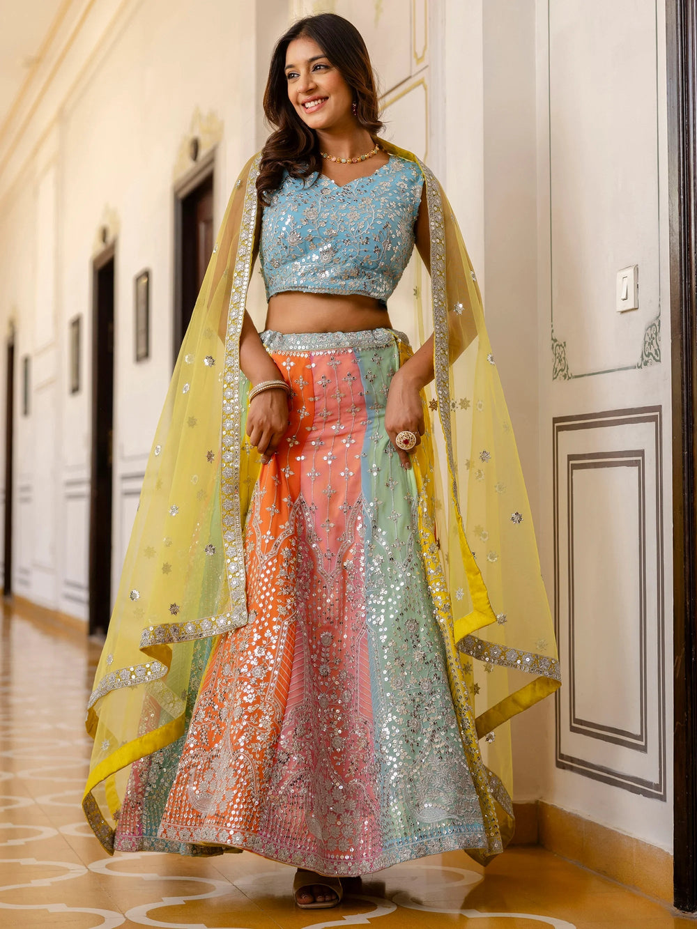 Adoring Multi Color Sequins Georgette Lehenga Choli With Dupatta for Women