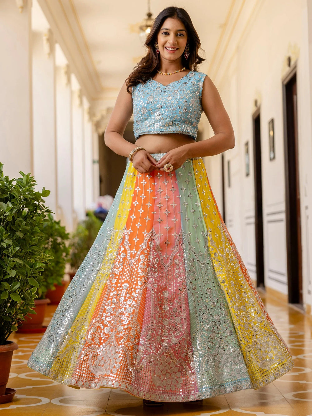 Adoring Multi Color Sequins Georgette Lehenga Choli With Dupatta for Women