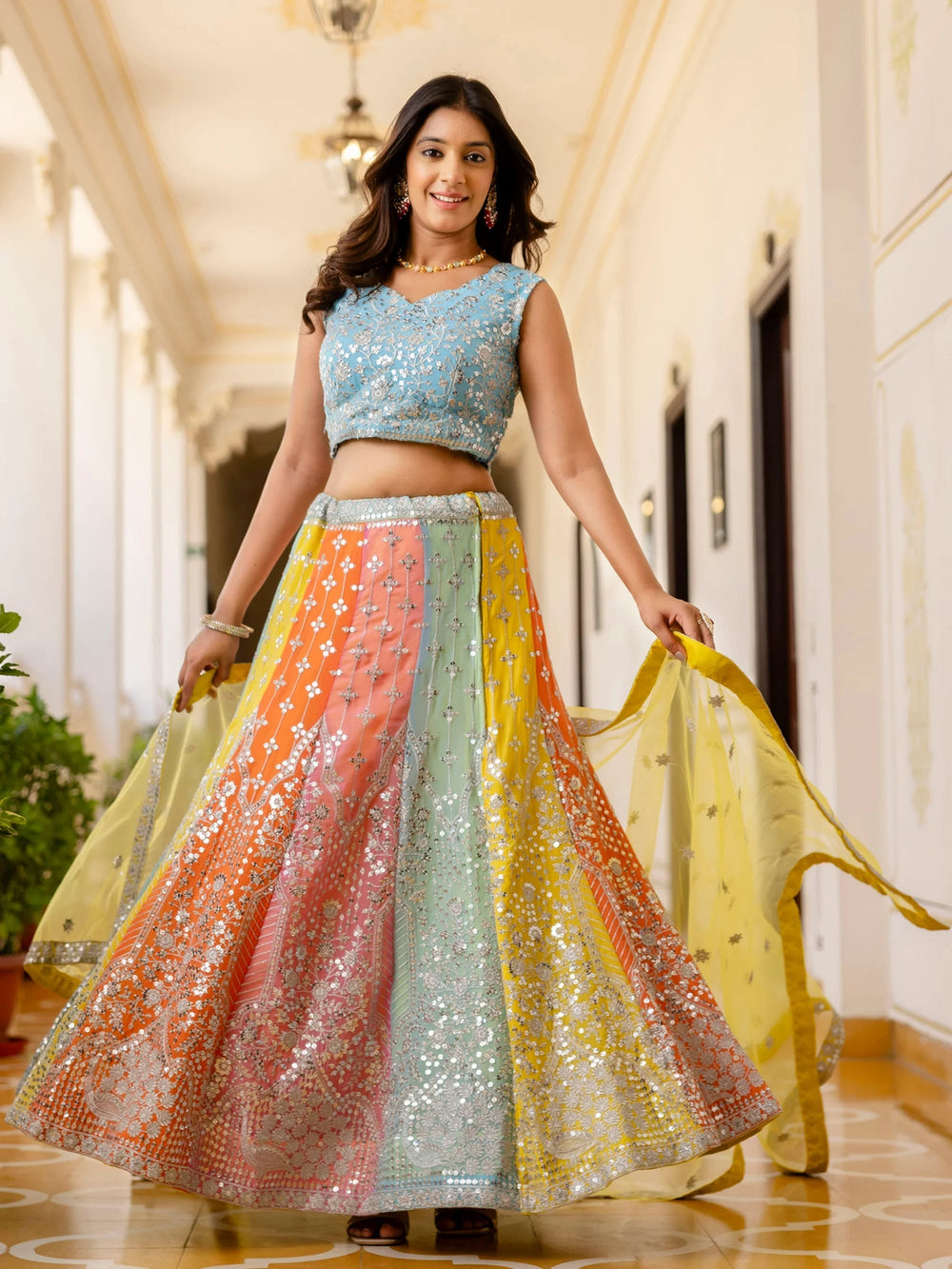 Adoring Multi Color Sequins Georgette Lehenga Choli With Dupatta for Women