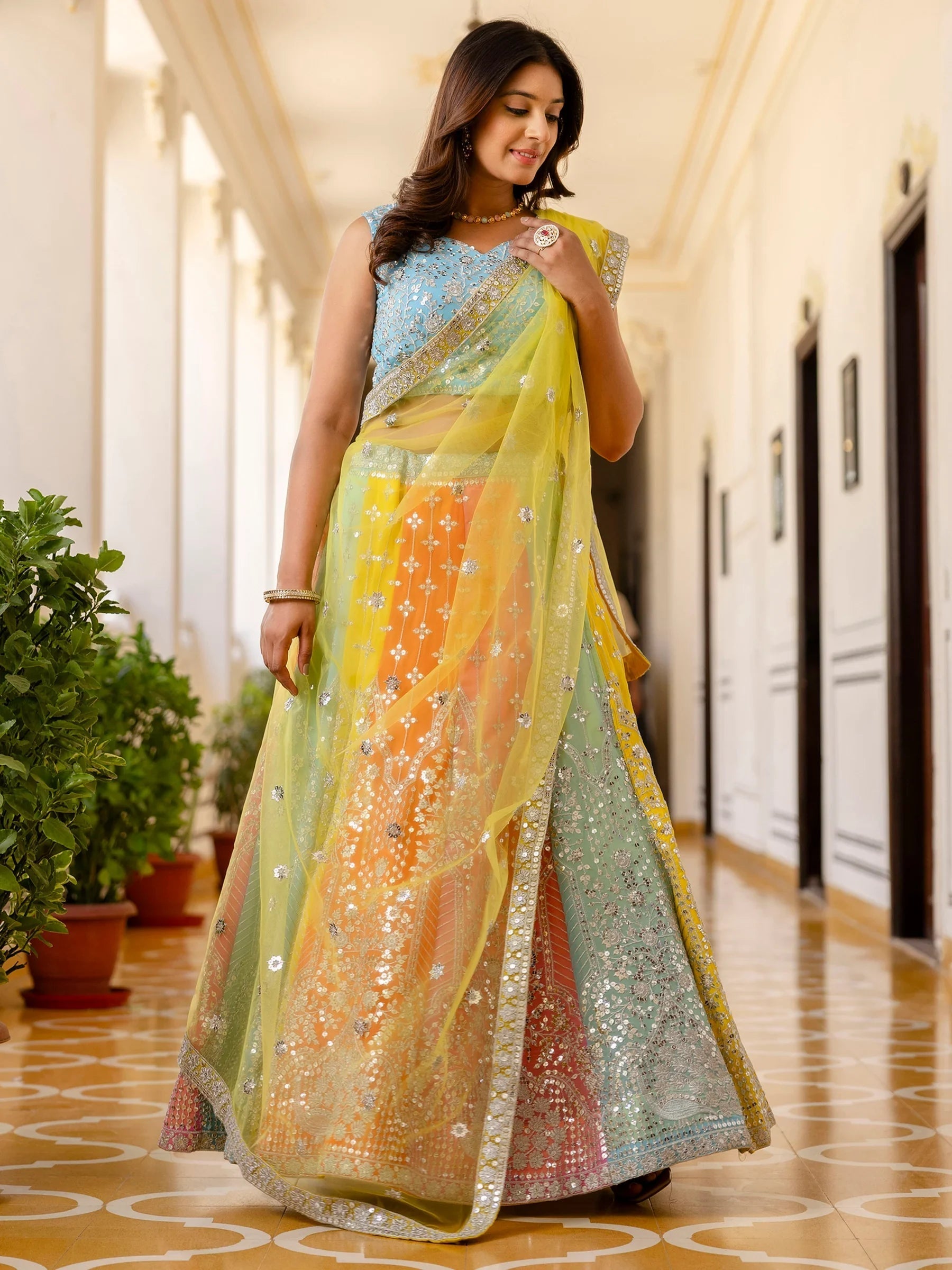 Adoring Multi Color Sequins Georgette Lehenga Choli With Dupatta for Women
