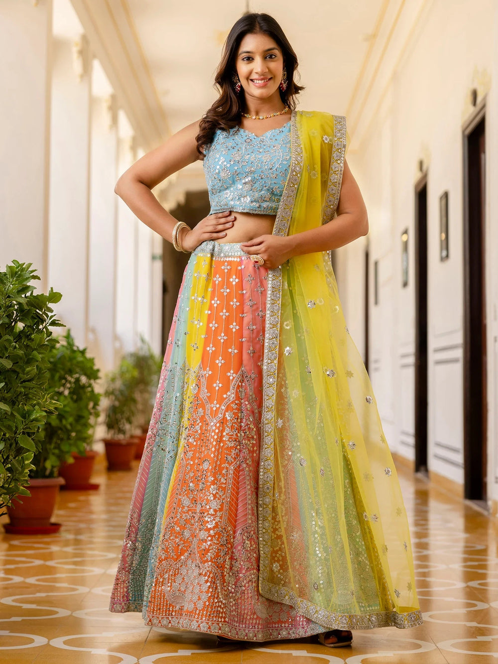 Adoring Multi Color Sequins Georgette Lehenga Choli With Dupatta for Women