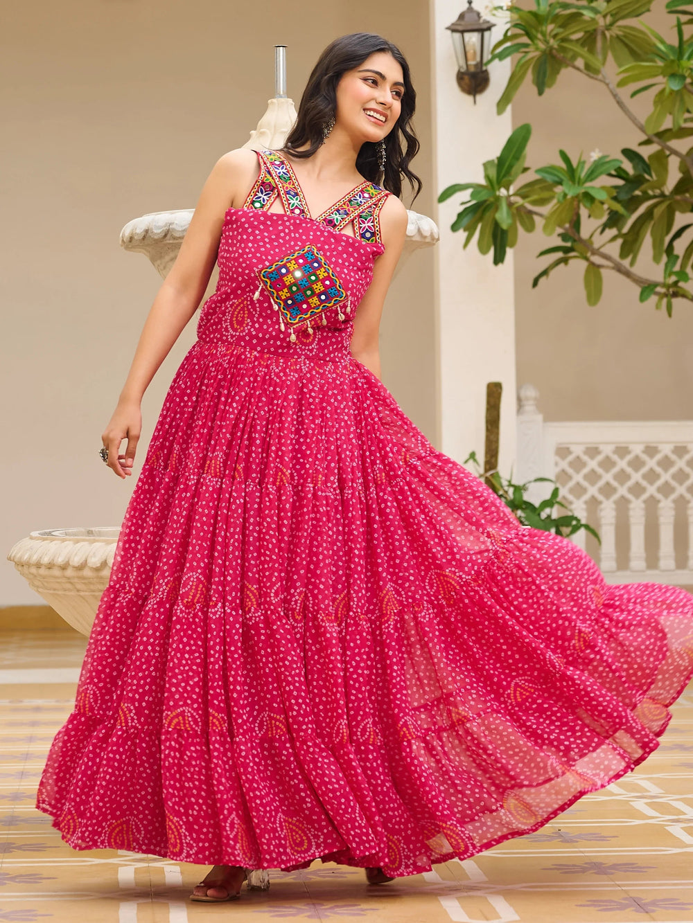 Pink Exquisite Stylish Bandhani Print Navratri Wear Gown for Women