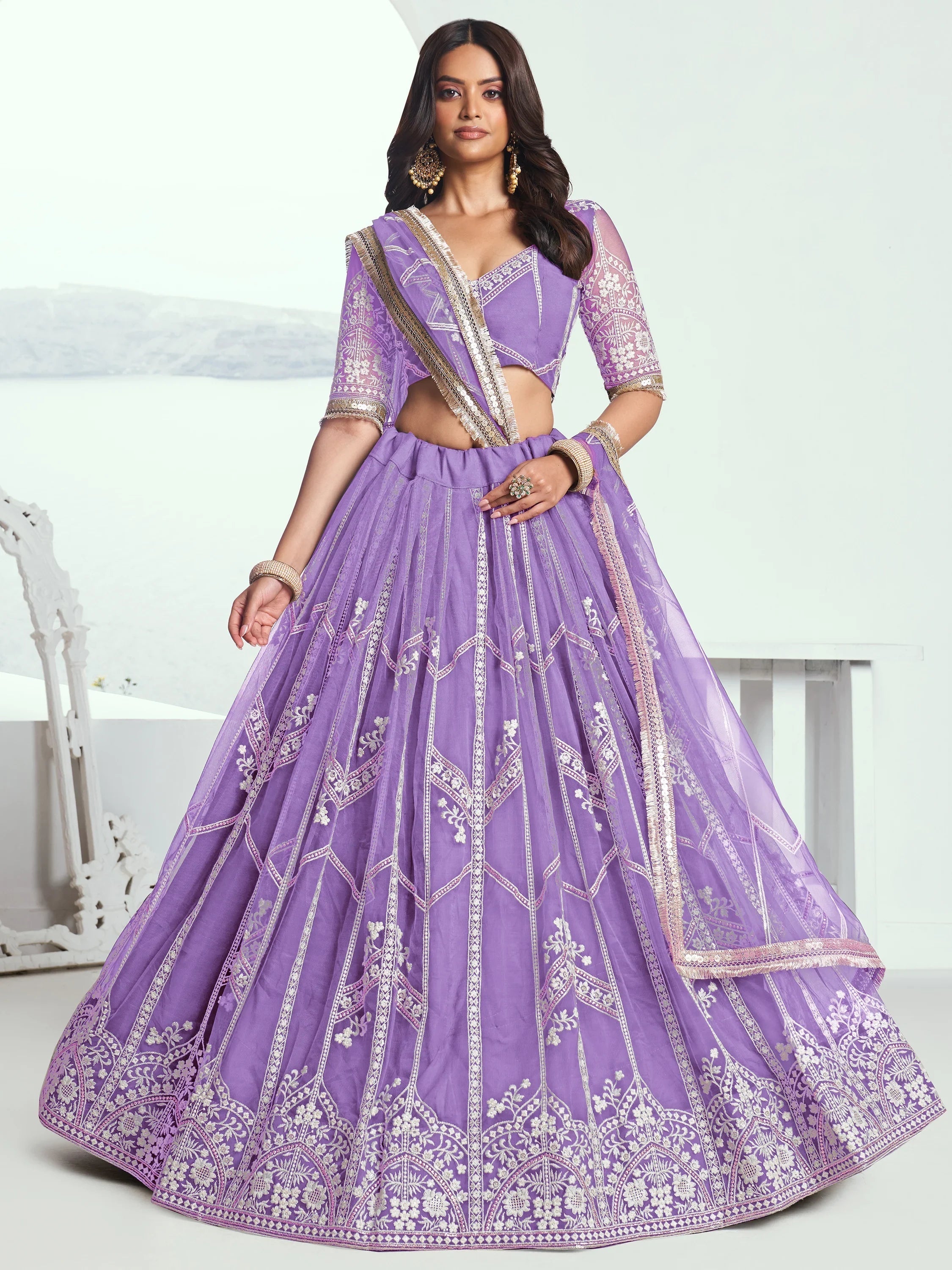 Lavender Slate Embroidered Net Engagement Wear Lehenga Choli for Women