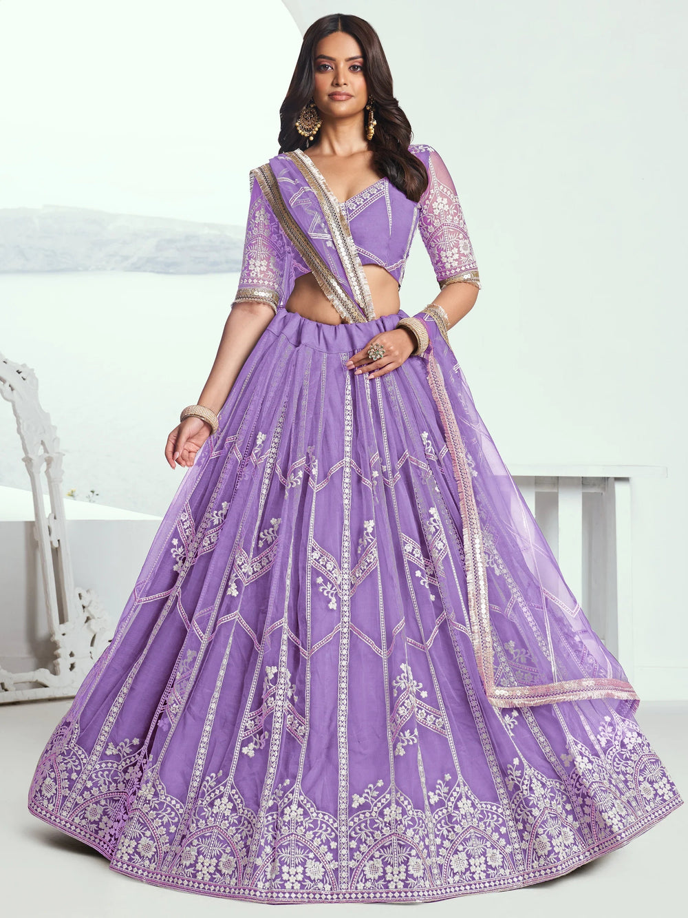 Lavender Slate Embroidered Net Engagement Wear Lehenga Choli for Women