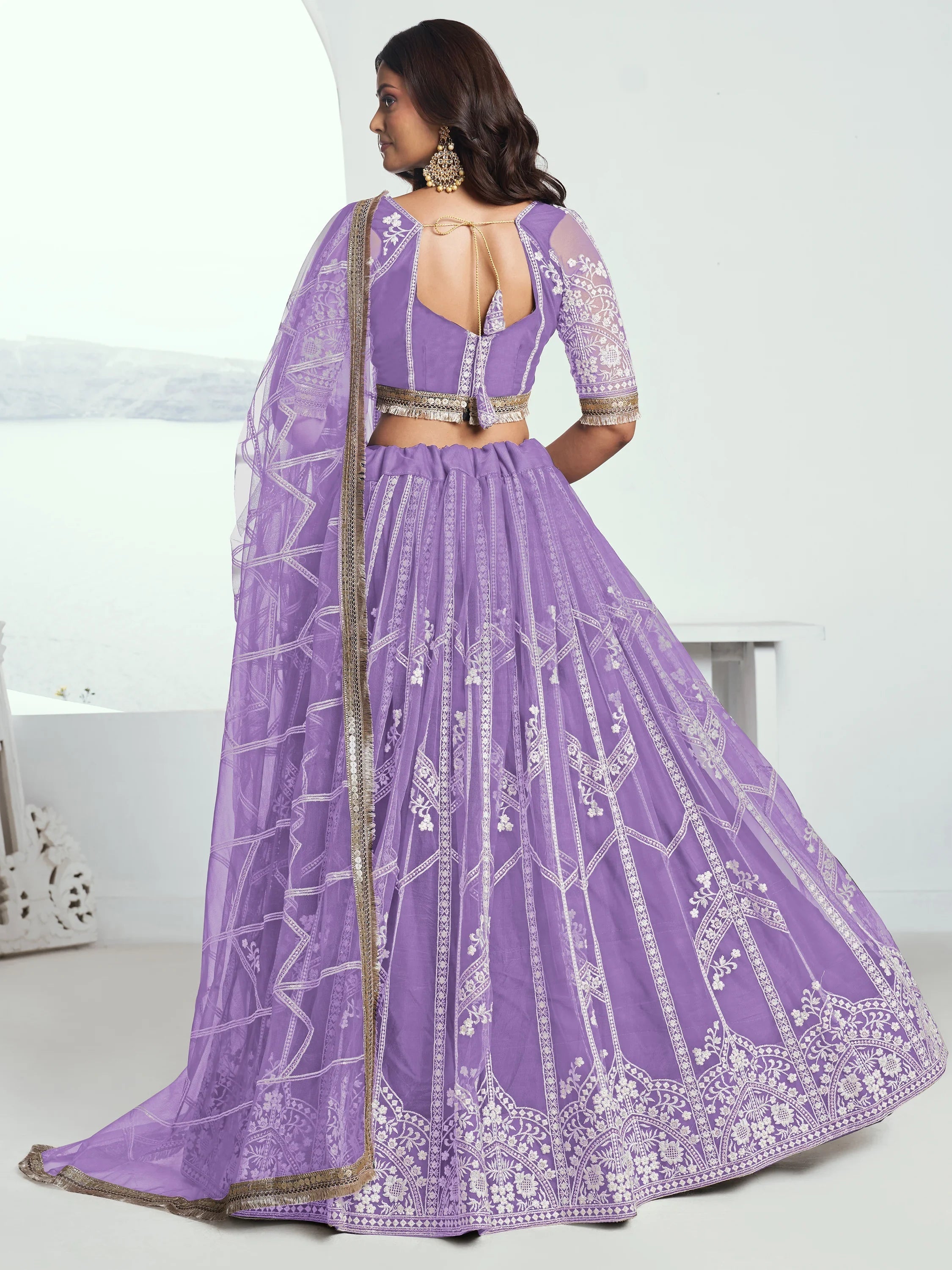 Lavender Slate Embroidered Net Engagement Wear Lehenga Choli for Women