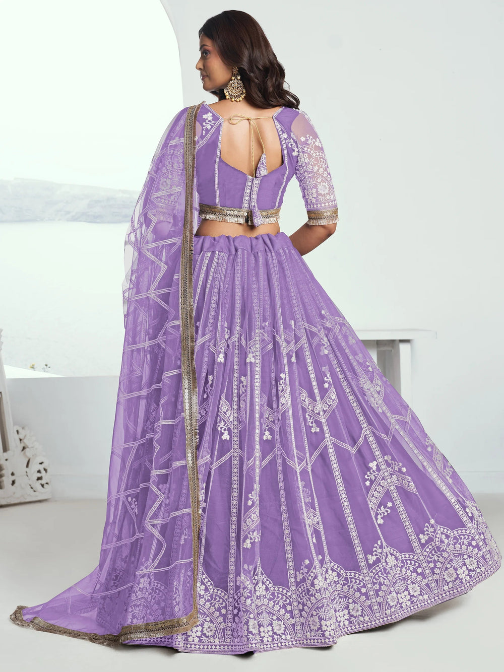 Lavender Slate Embroidered Net Engagement Wear Lehenga Choli for Women