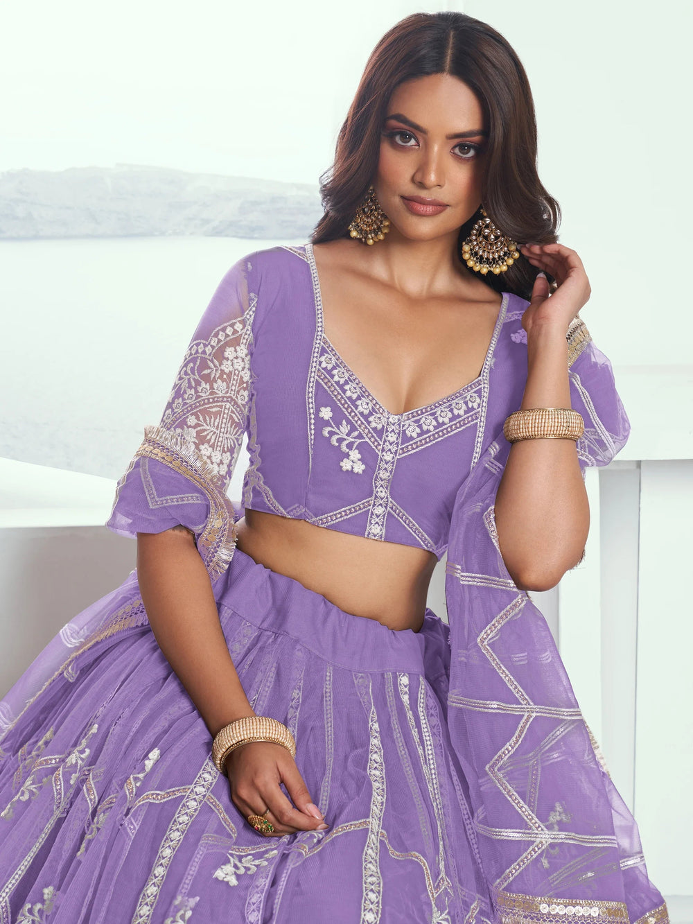 Lavender Slate Embroidered Net Engagement Wear Lehenga Choli for Women