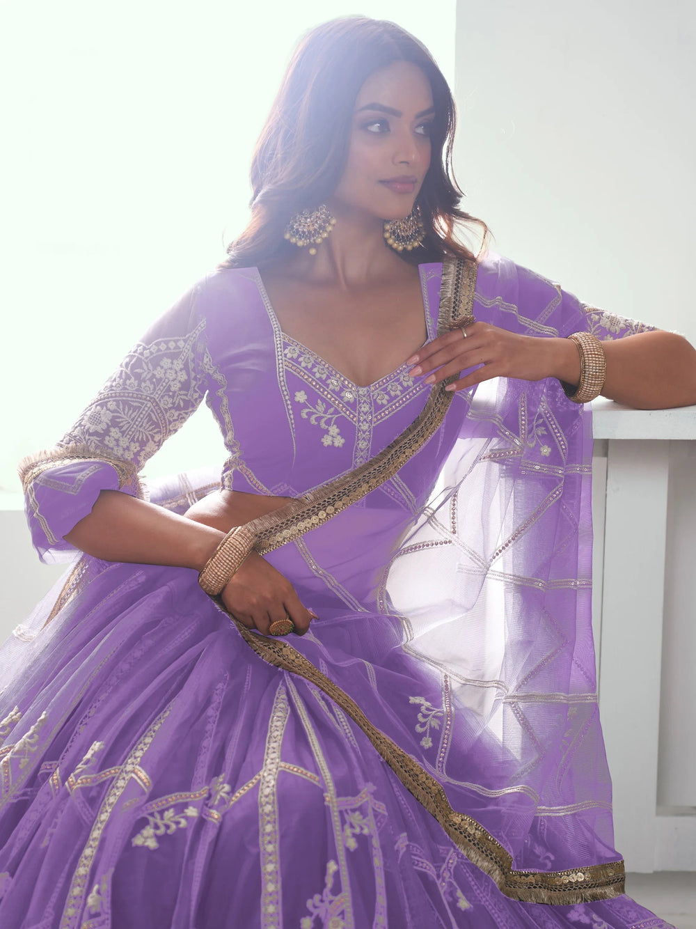 Lavender Slate Embroidered Net Engagement Wear Lehenga Choli for Women