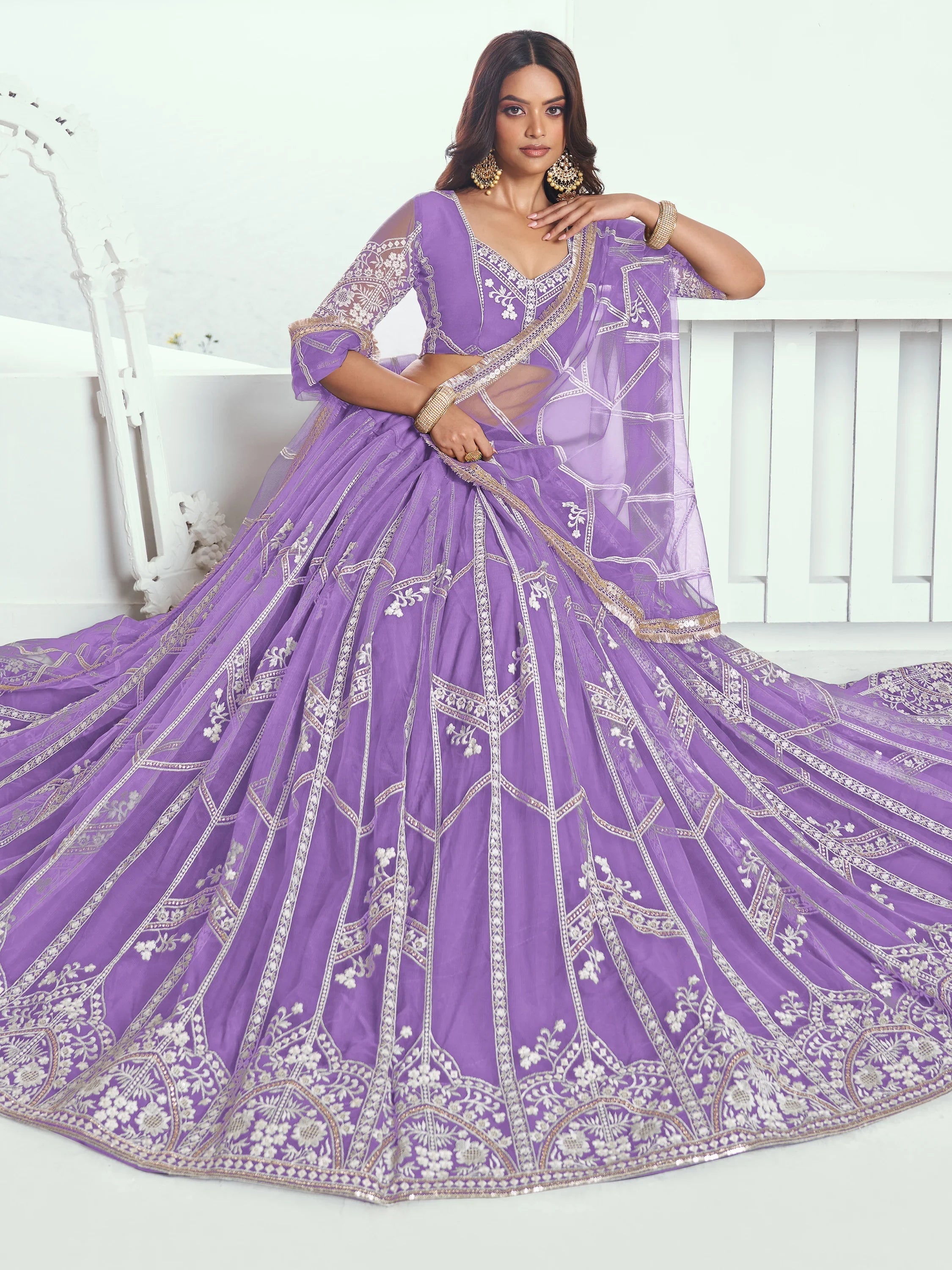 Lavender Slate Embroidered Net Engagement Wear Lehenga Choli for Women