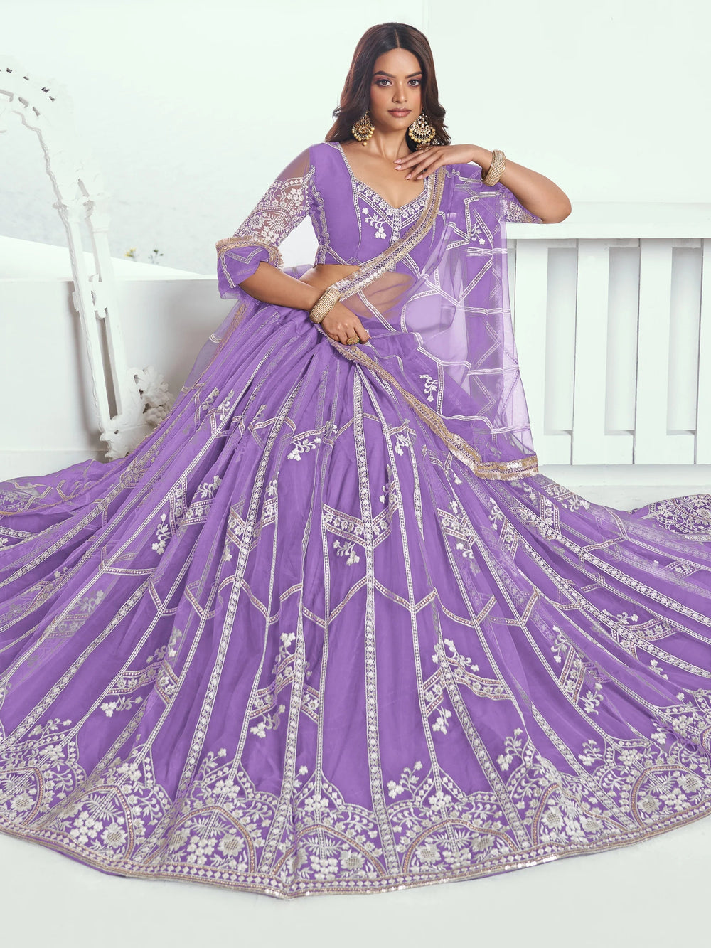 Lavender Slate Embroidered Net Engagement Wear Lehenga Choli for Women