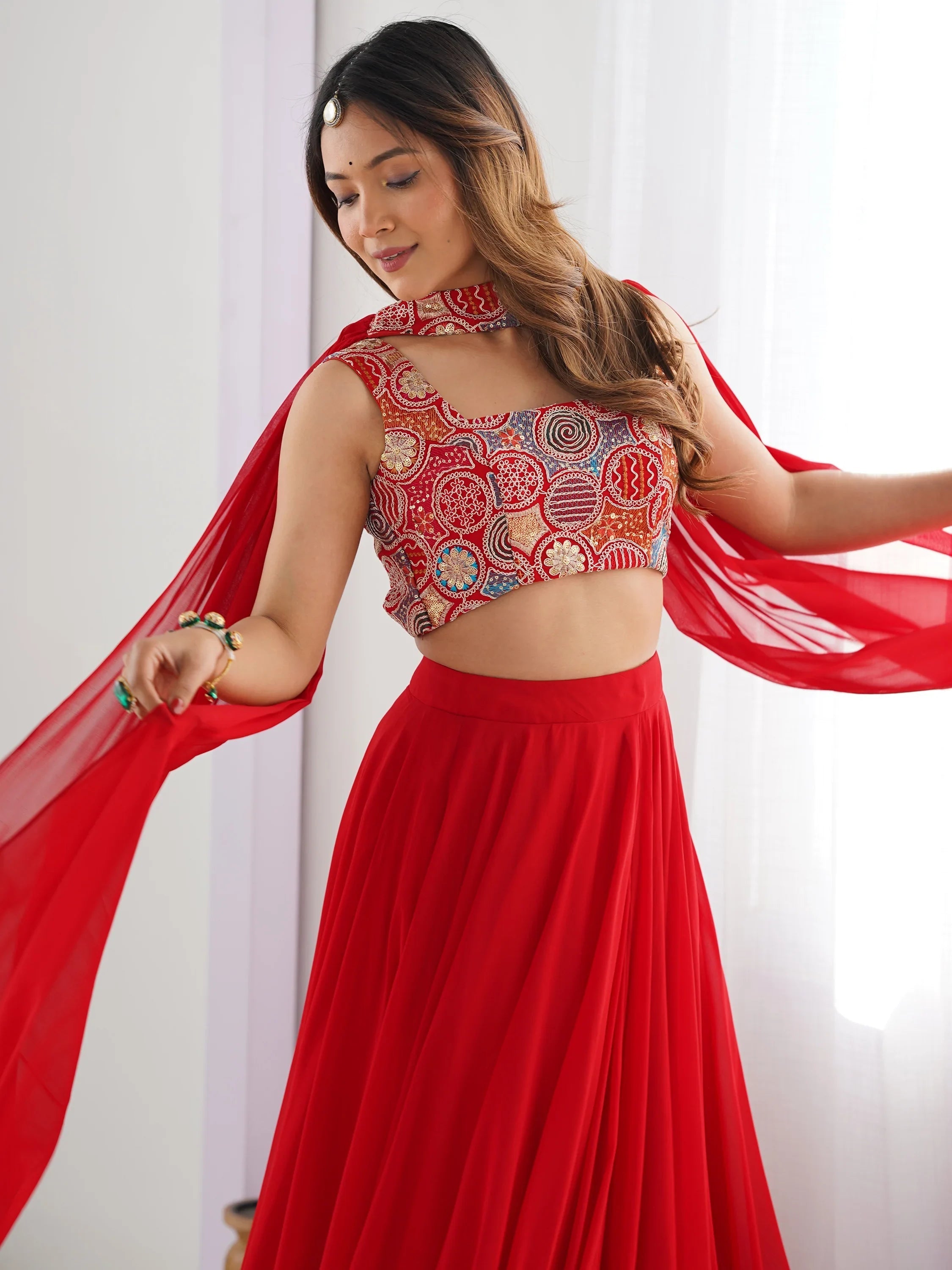 Red Georgette Party Wear Lehenga Choli With Dupatta for Women
