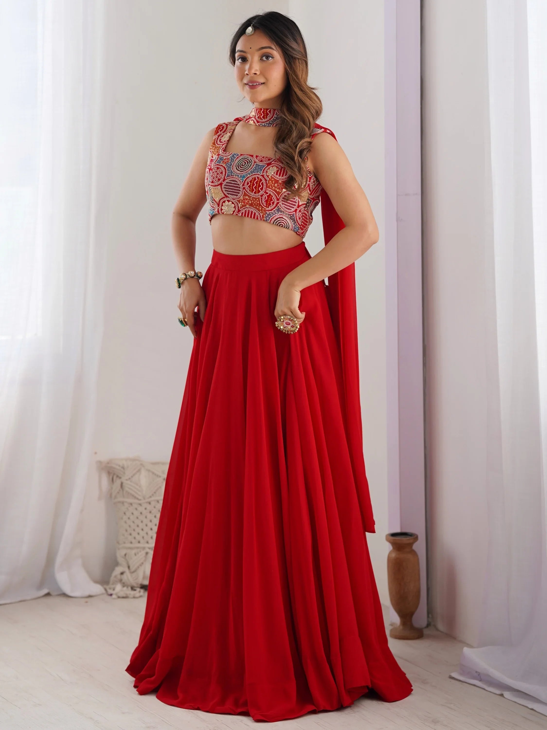 Red Georgette Party Wear Lehenga Choli With Dupatta for Women