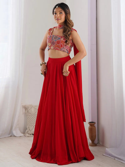 Red Georgette Party Wear Lehenga Choli With Dupatta for Women