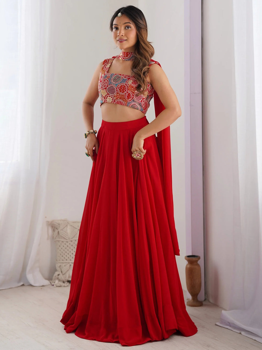Red Georgette Party Wear Lehenga Choli With Dupatta for Women