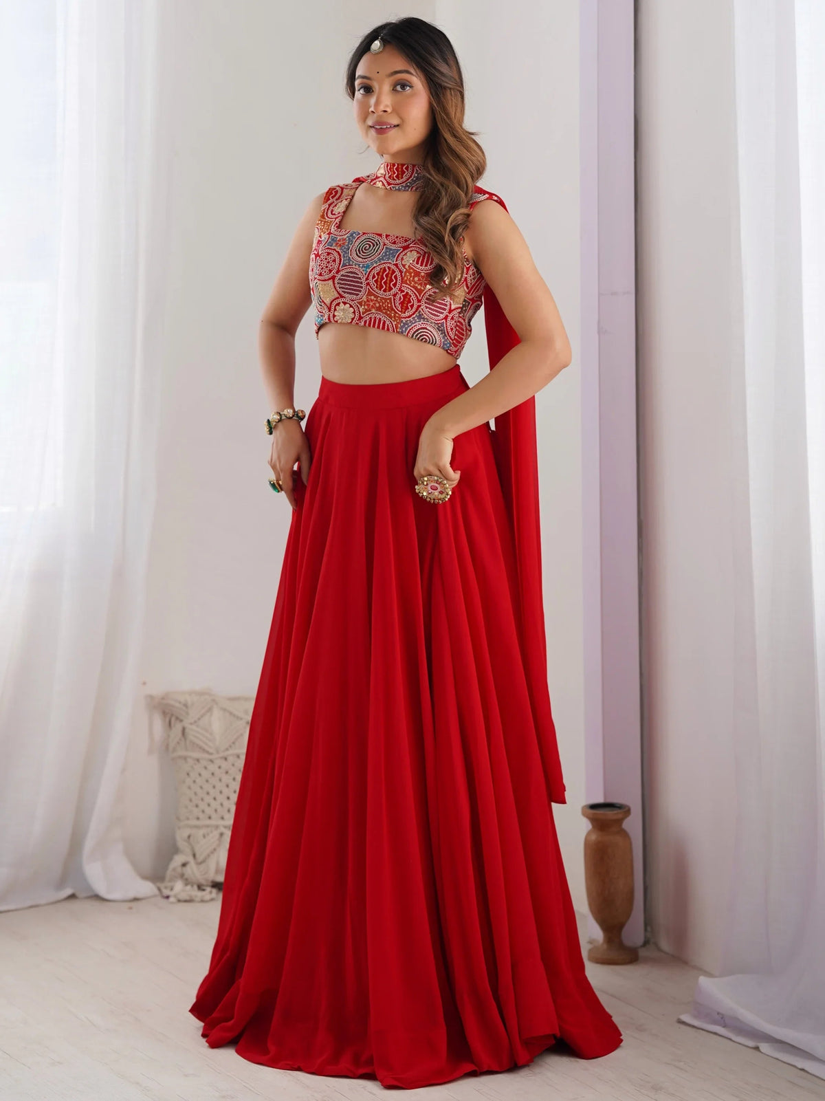 Red Georgette Party Wear Lehenga Choli With Dupatta for Women