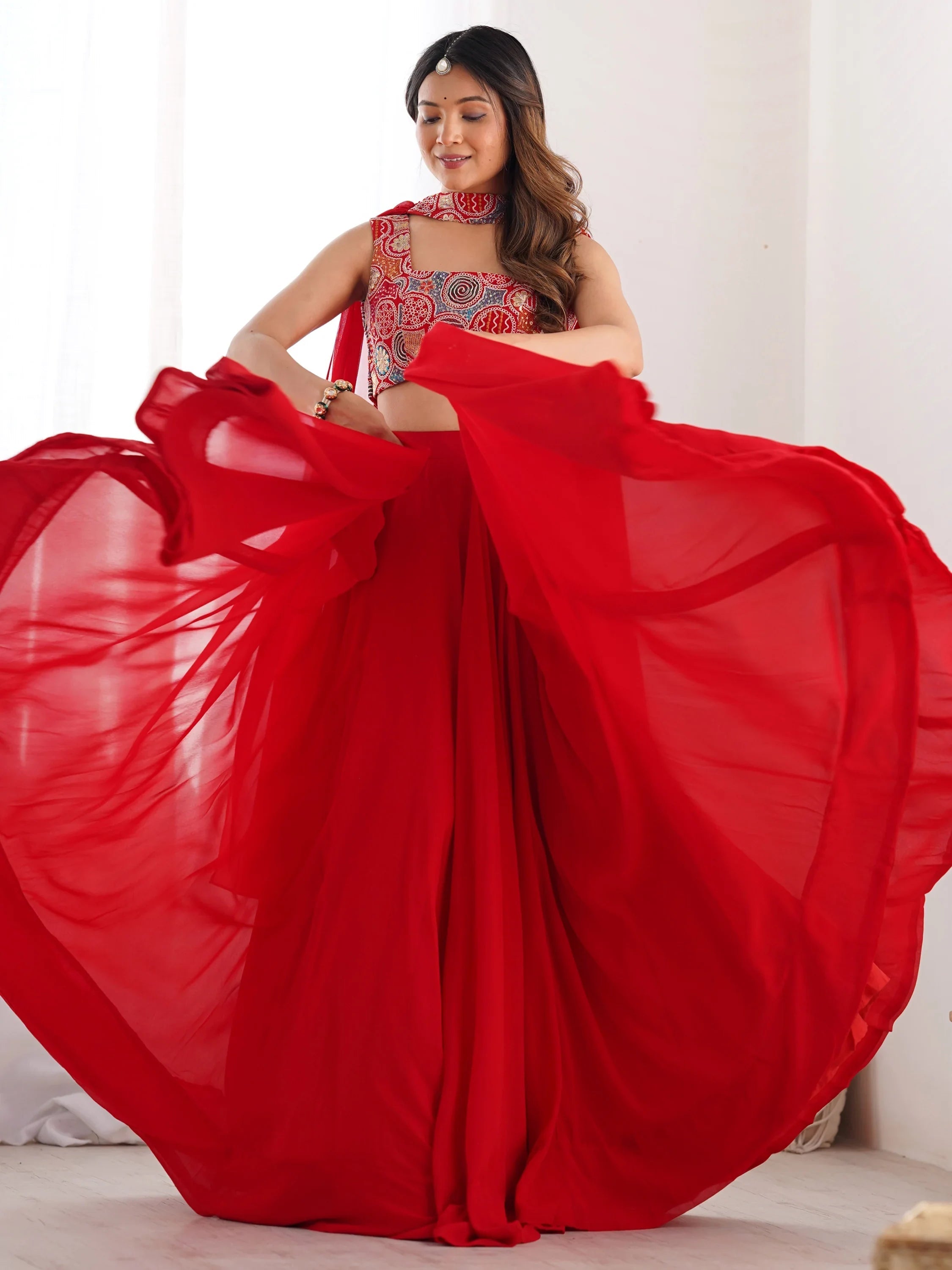 Red Georgette Party Wear Lehenga Choli With Dupatta for Women