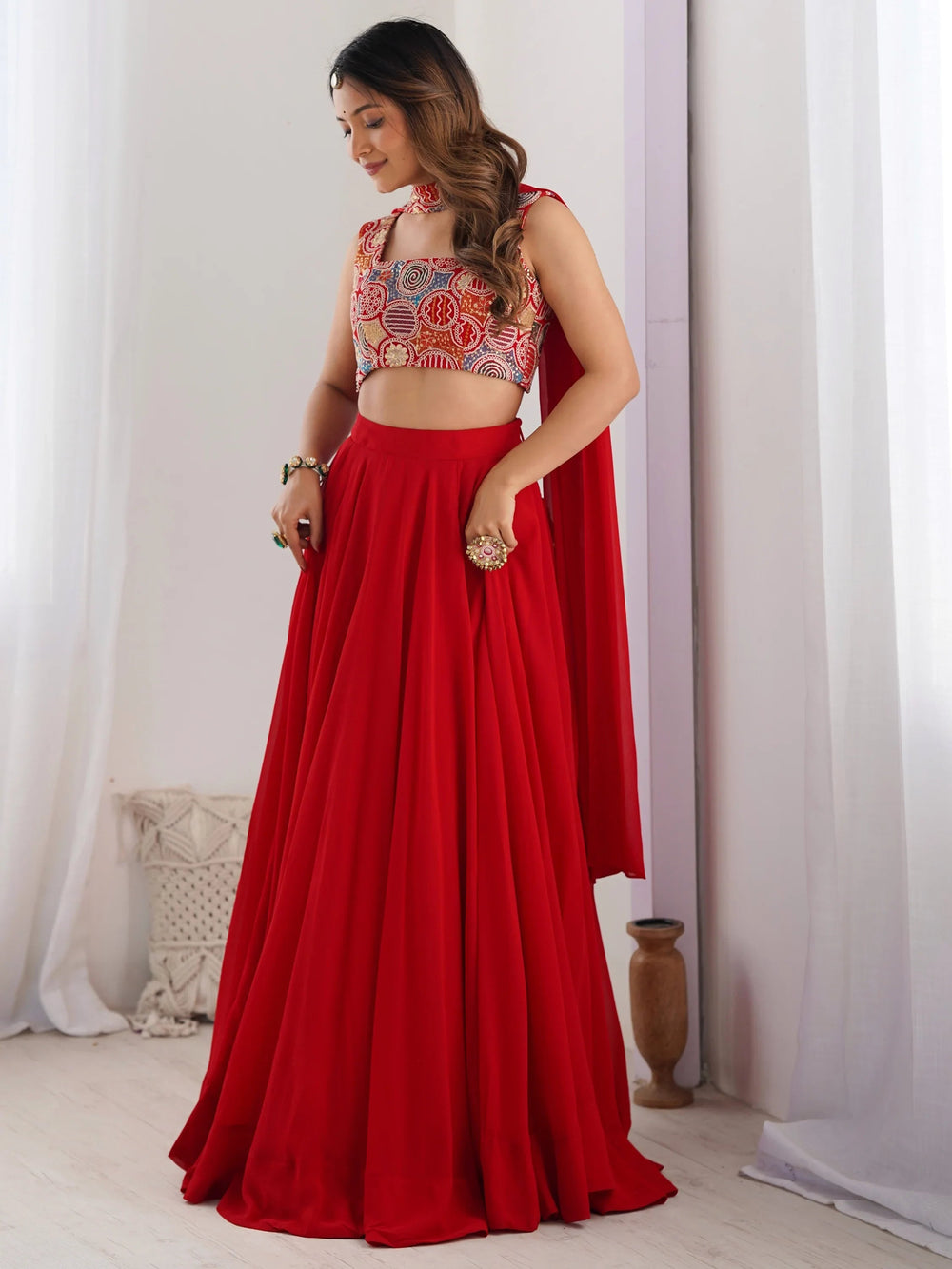 Red Georgette Party Wear Lehenga Choli With Dupatta for Women