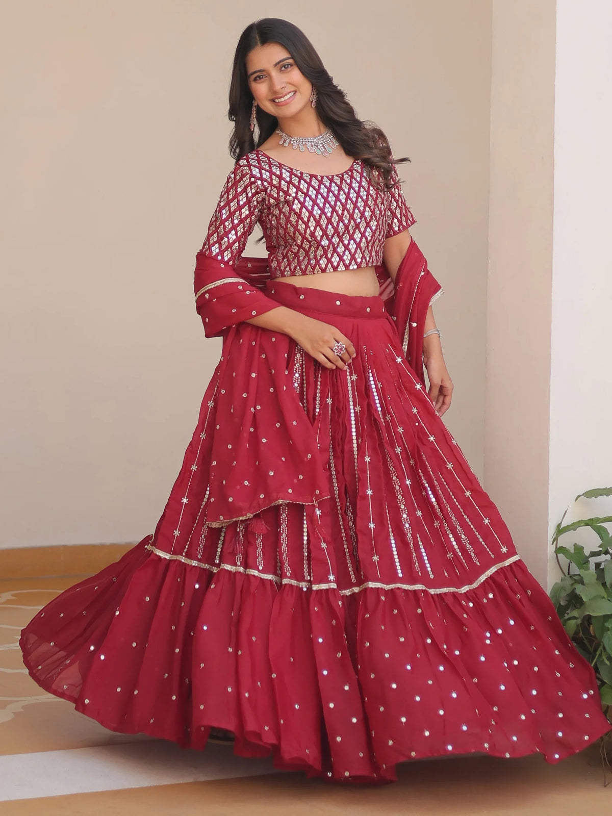 Red CHic Sequins Georgette Festival Wear Lehenga Choli With Dupatta for Women