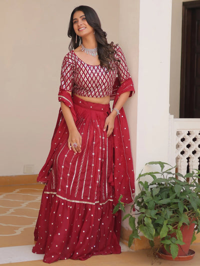 Red CHic Sequins Georgette Festival Wear Lehenga Choli With Dupatta for Women