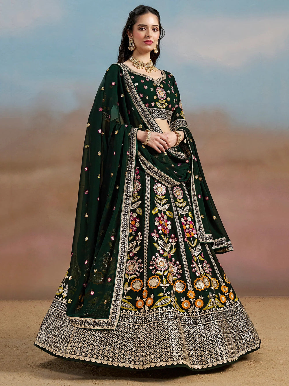 Sequins georgette lehenga choli with dupatta for wedding and mehendi ceremony