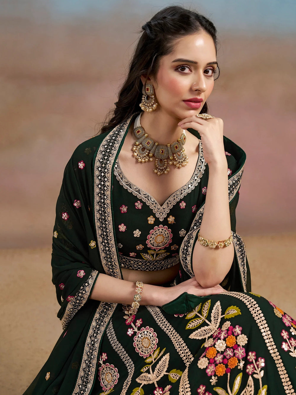 Sequins georgette lehenga choli with dupatta for wedding and mehendi ceremony
