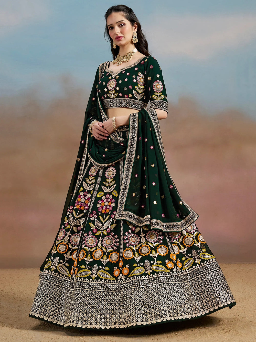 Sequins georgette lehenga choli with dupatta for wedding and mehendi ceremony