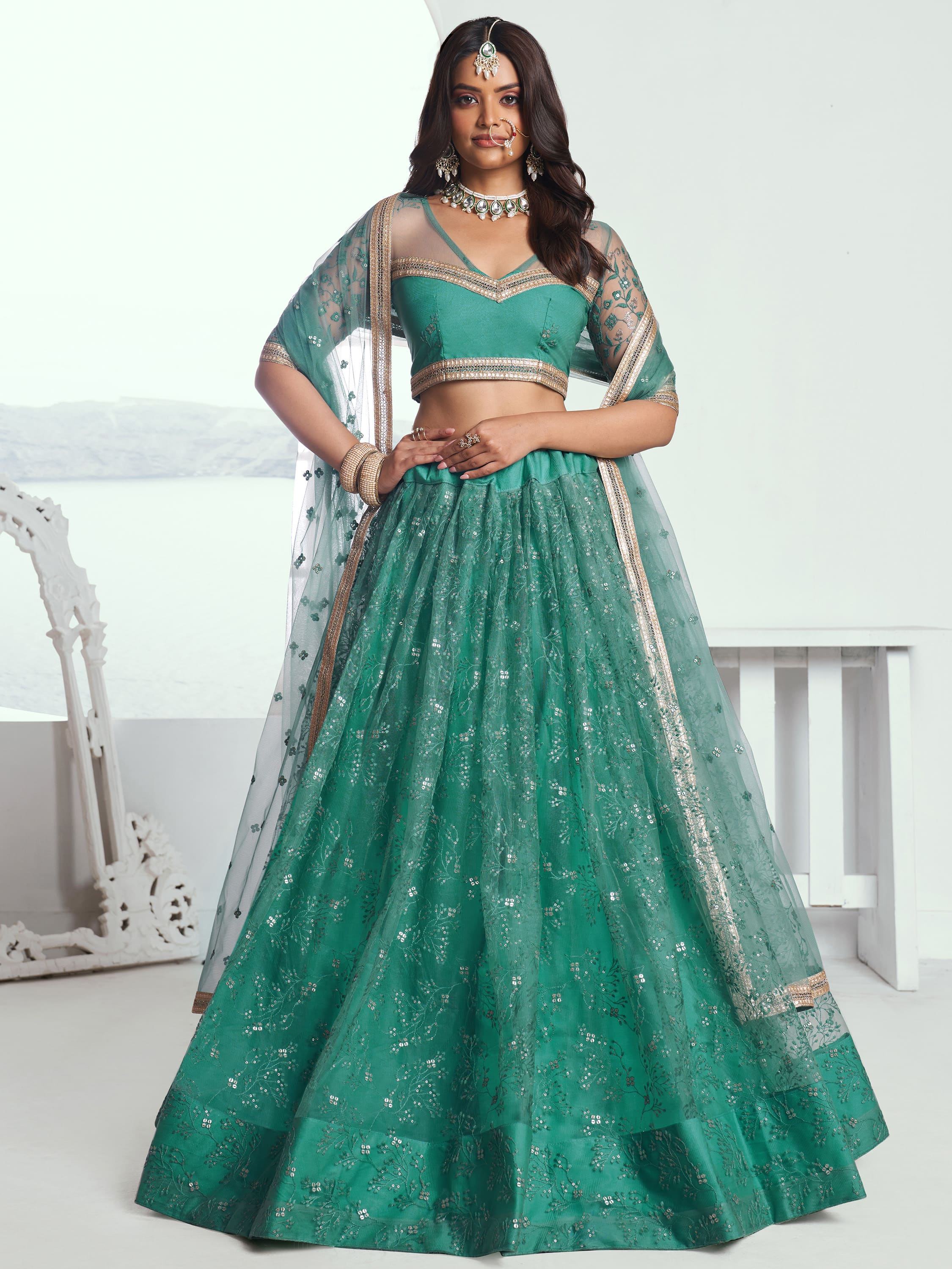 Rama Color Embroidered Net Engagement Wear Lehenga Choli for Women