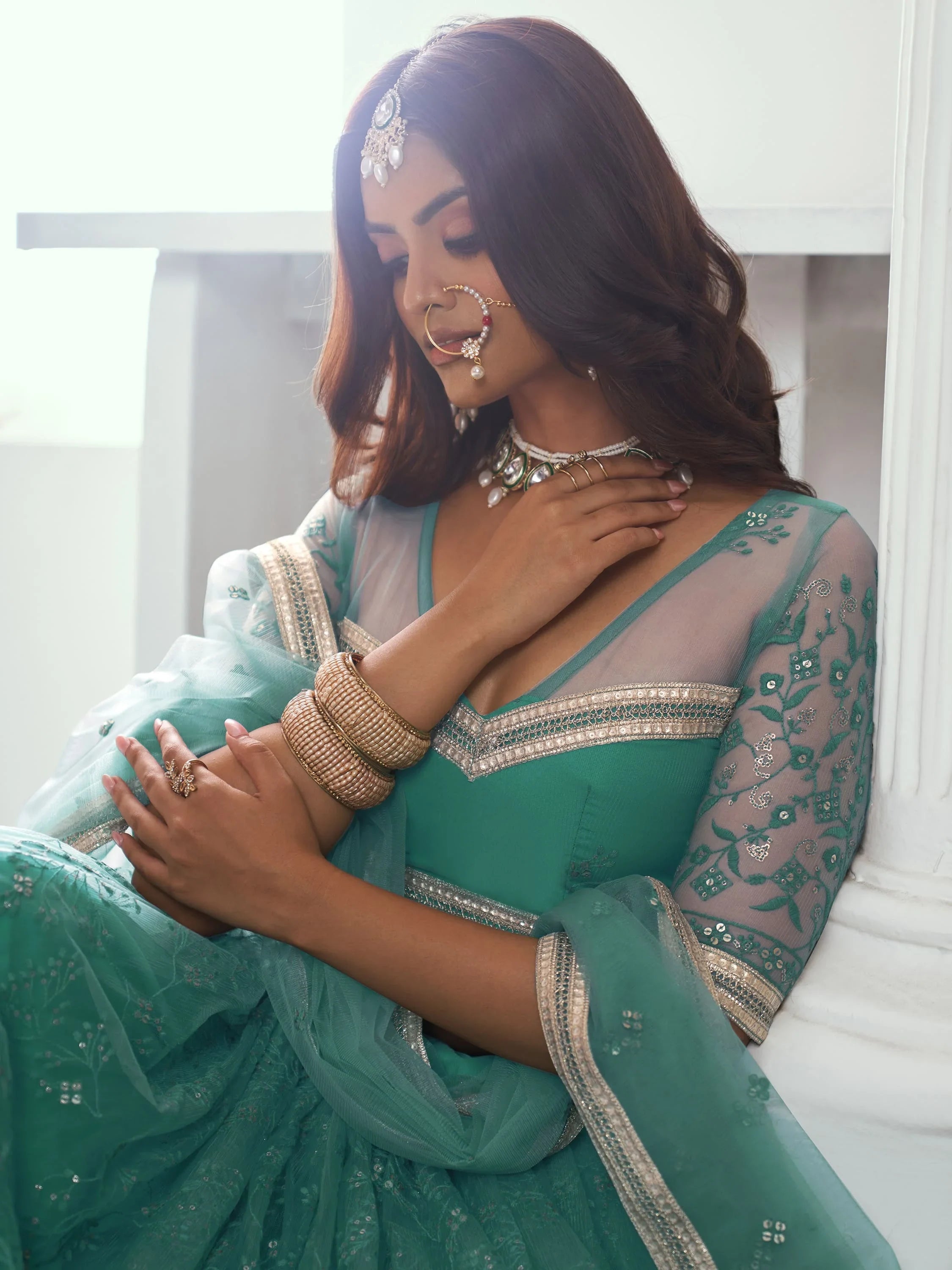 Rama Color Embroidered Net Engagement Wear Lehenga Choli for Women