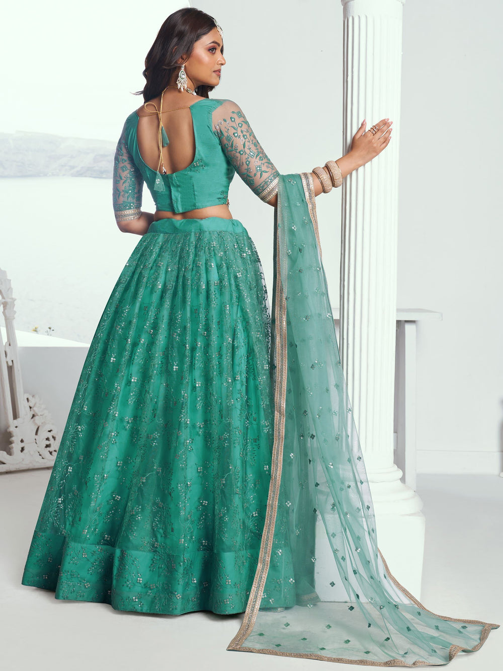 Rama Color Embroidered Net Engagement Wear Lehenga Choli for Women
