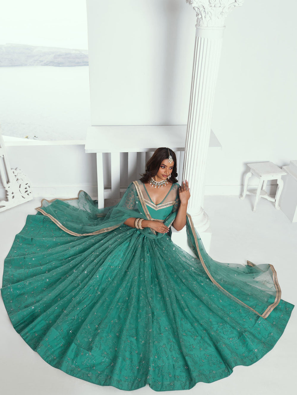 Rama Color Embroidered Net Engagement Wear Lehenga Choli for Women