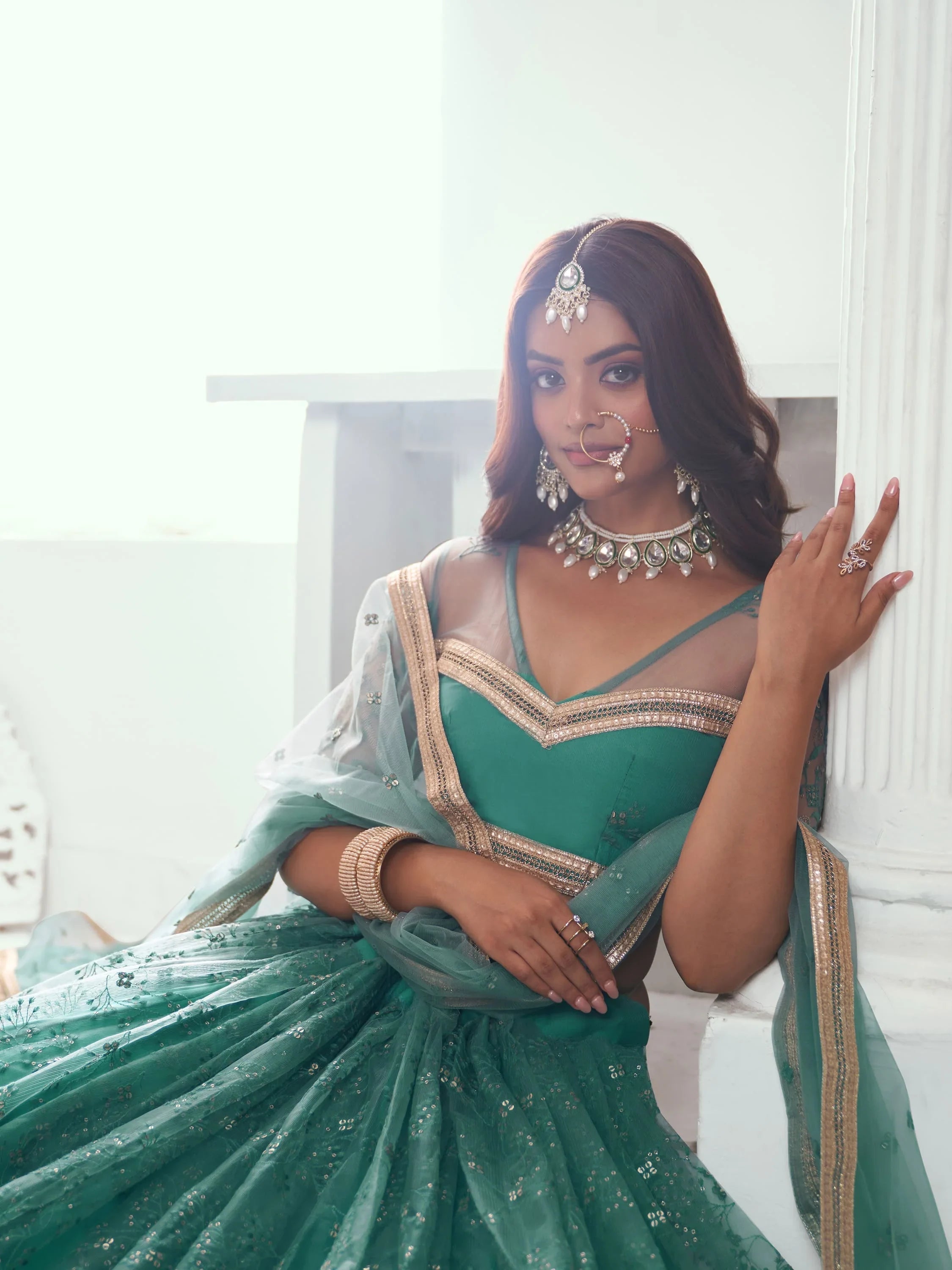 Rama Color Embroidered Net Engagement Wear Lehenga Choli for Women
