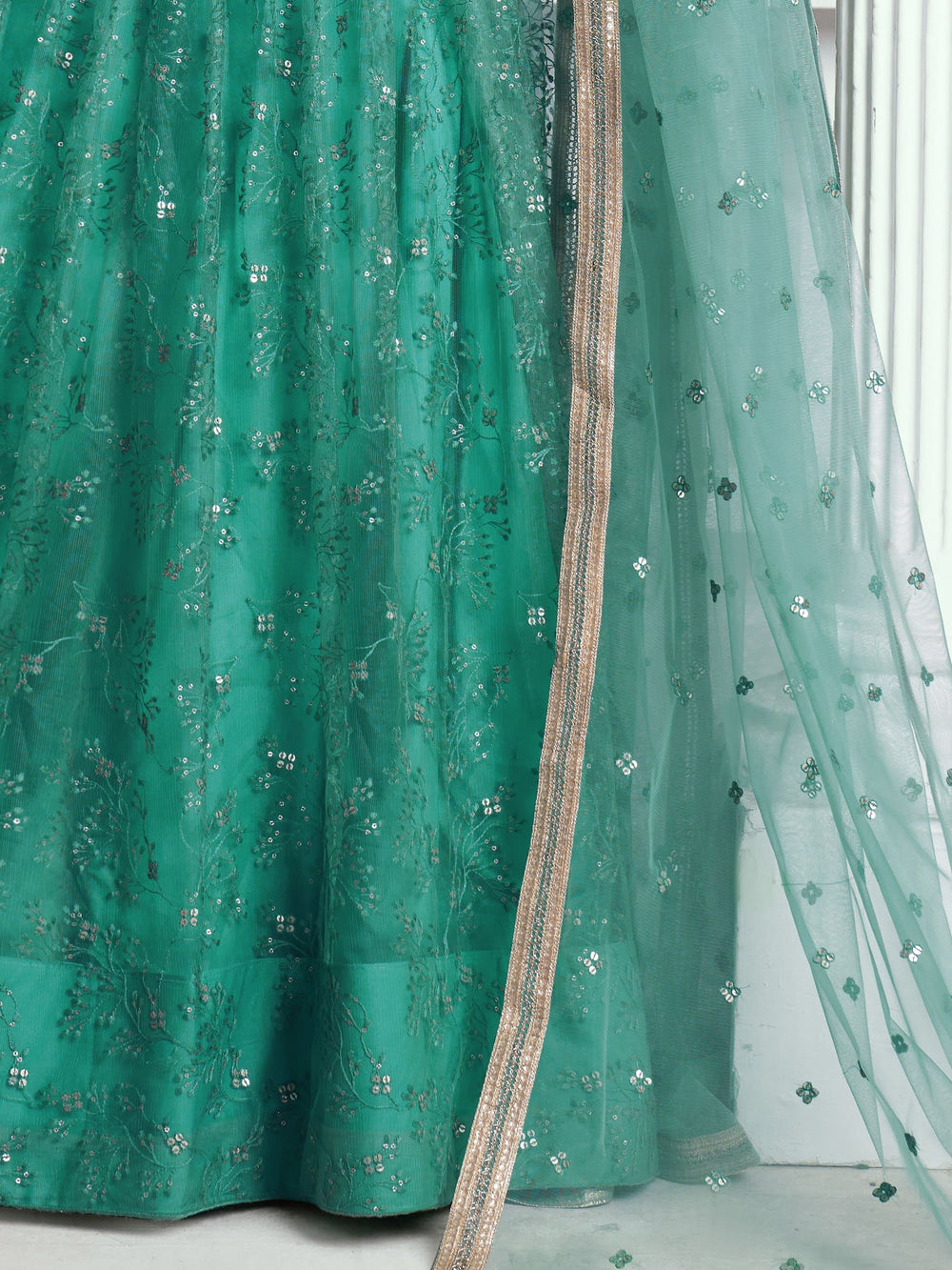 Rama Color Embroidered Net Engagement Wear Lehenga Choli for Women