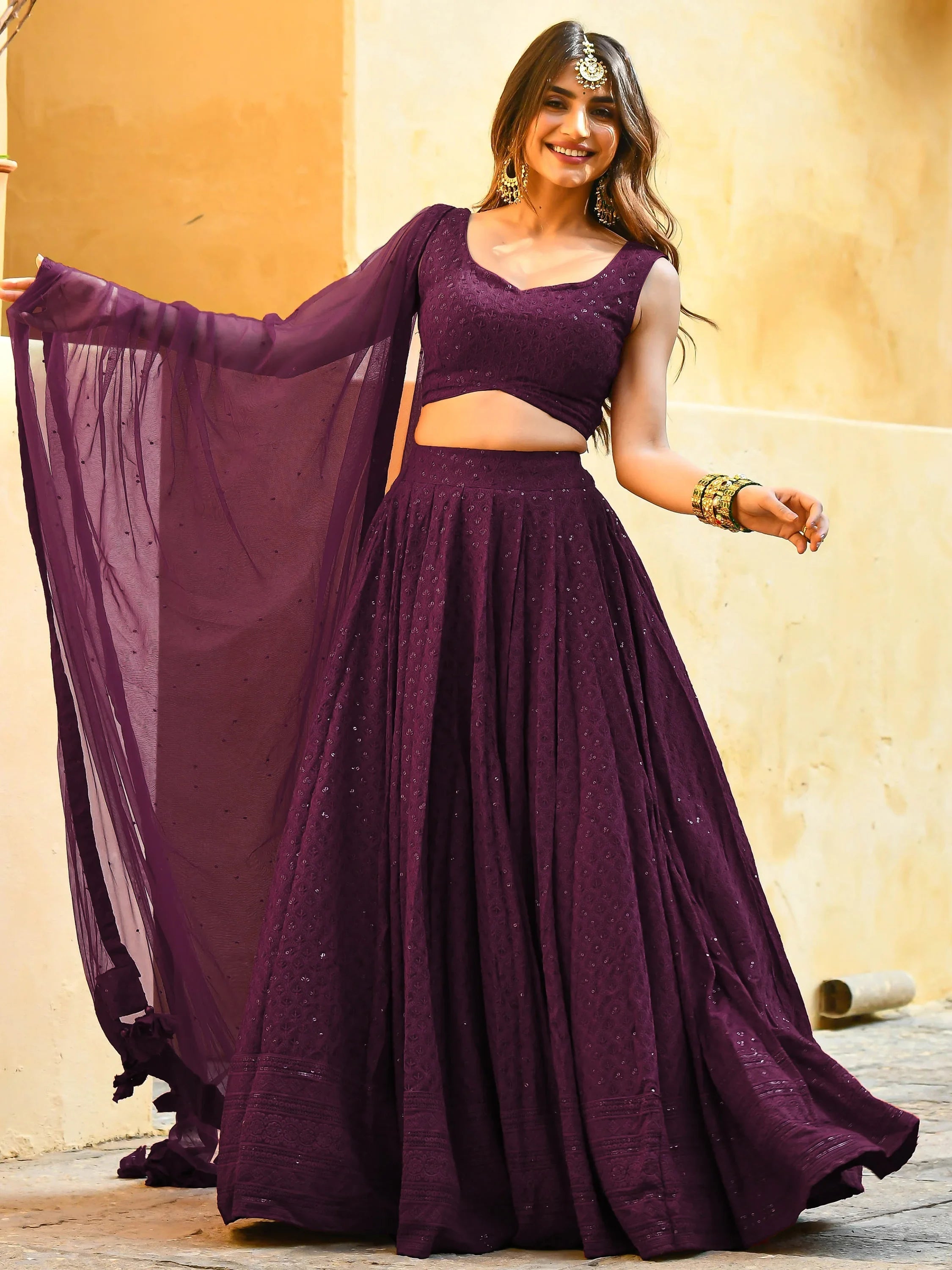 Sequins georgette lehenga choli with thread embroidery for wedding and sangeet occasions