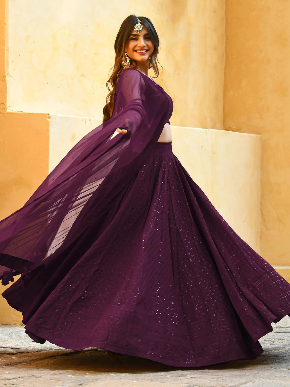 Sequins georgette lehenga choli with thread embroidery for wedding and sangeet occasions