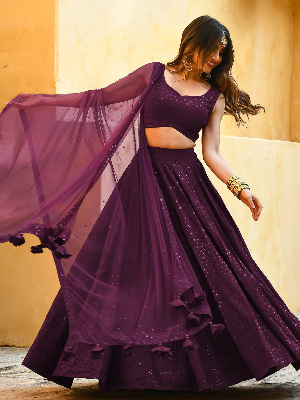 Sequins georgette lehenga choli with thread embroidery for wedding and sangeet occasions
