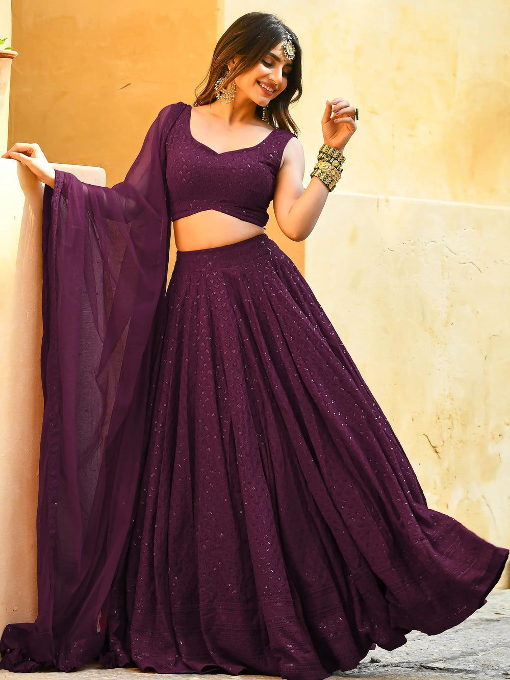 Sequins georgette lehenga choli with thread embroidery for wedding and sangeet occasions