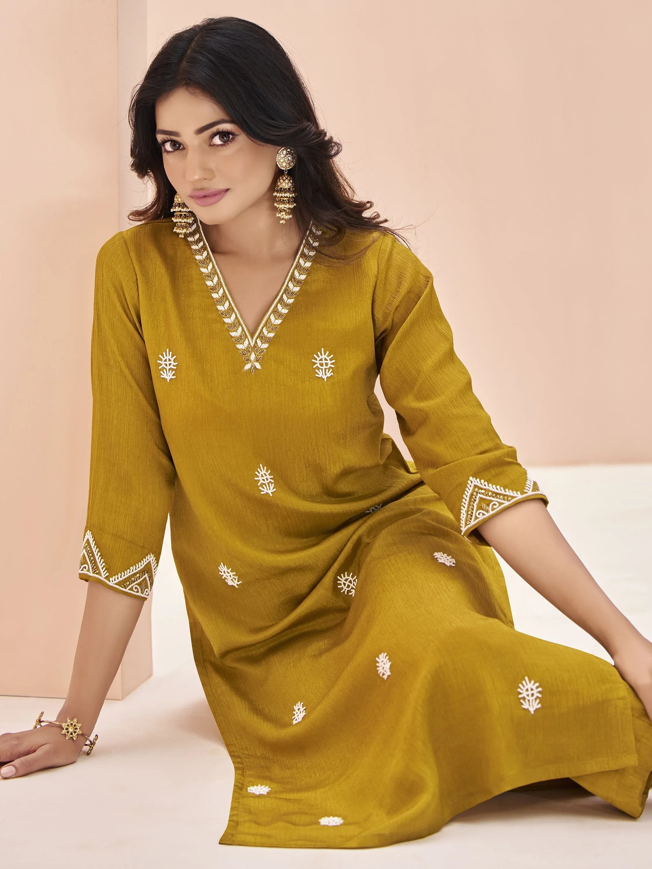 Mustard Yellow Embroidered Chinon Casual Wear Pant Suit
