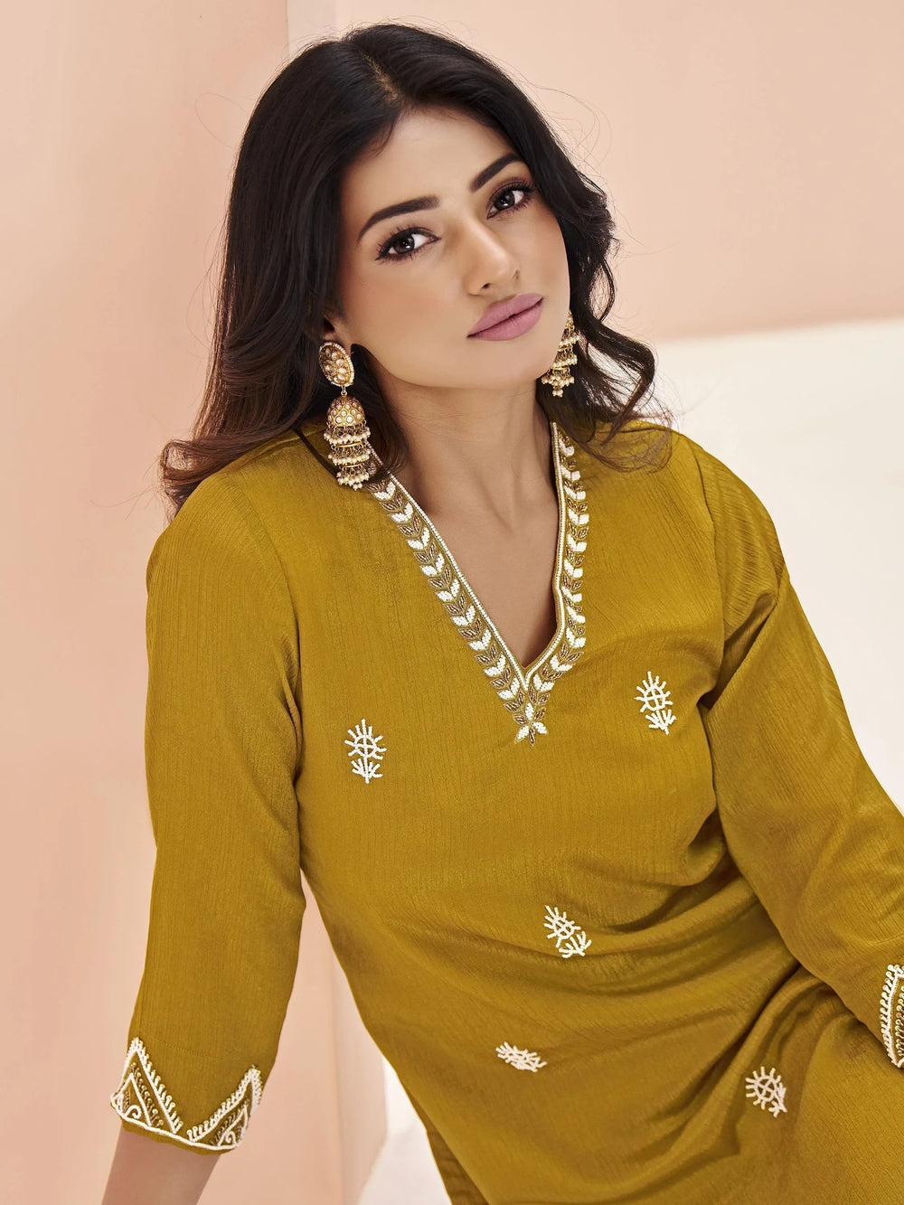 Mustard Yellow Embroidered Chinon Casual Wear Pant Suit