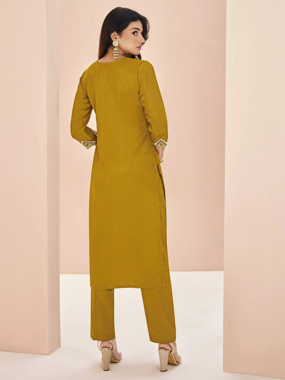 Mustard Yellow Embroidered Chinon Casual Wear Pant Suit