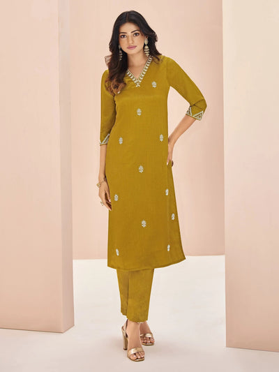 Mustard Yellow Embroidered Chinon Casual Wear Pant Suit