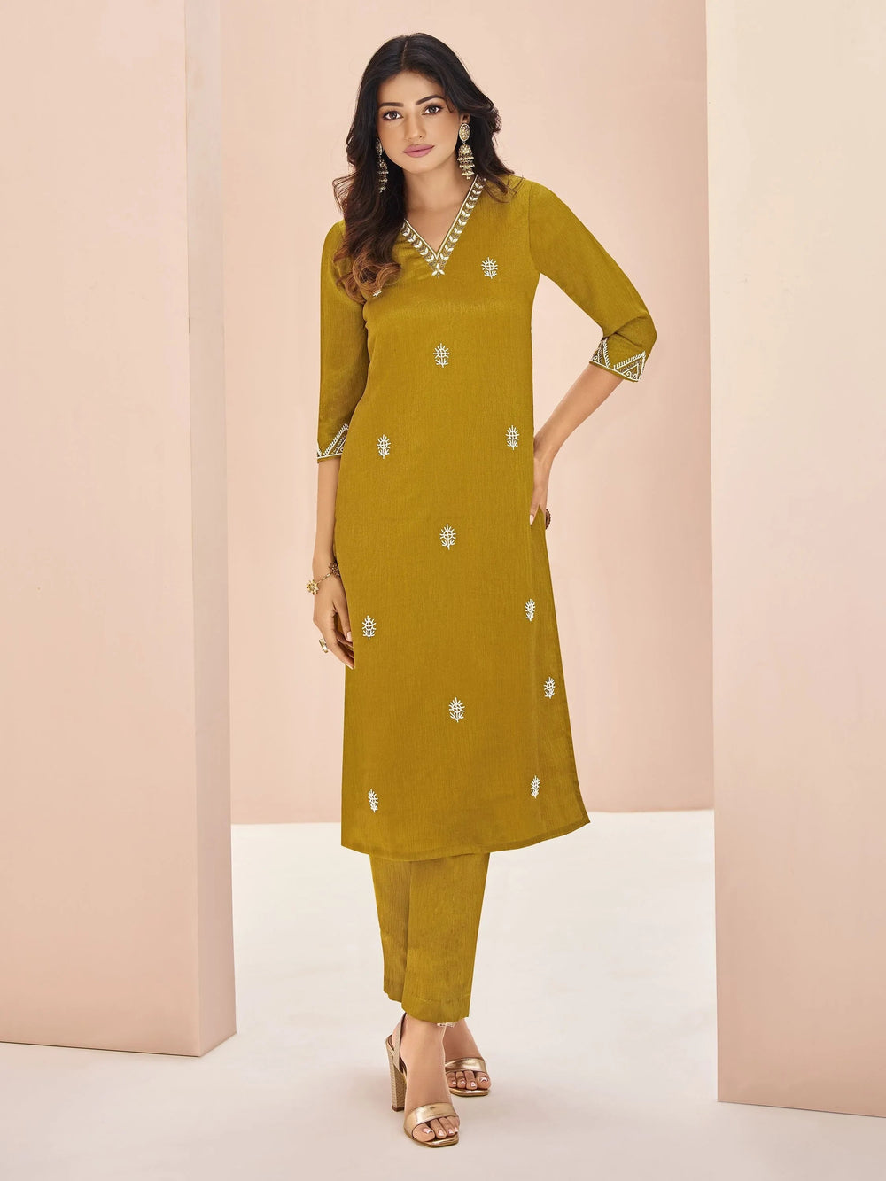Mustard Yellow Embroidered Chinon Casual Wear Pant Suit
