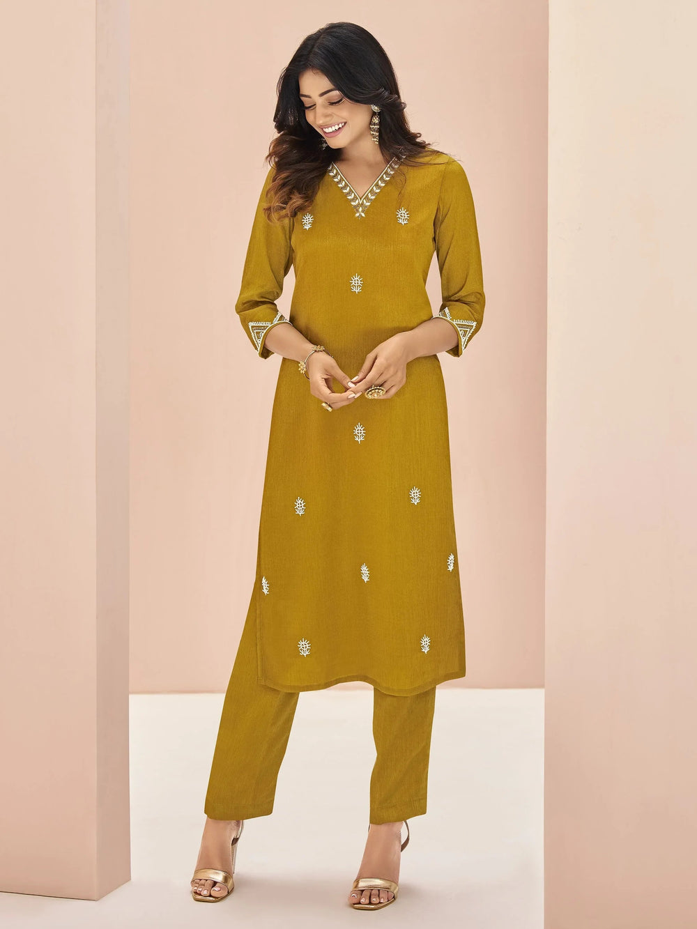 Mustard Yellow Embroidered Chinon Casual Wear Pant Suit