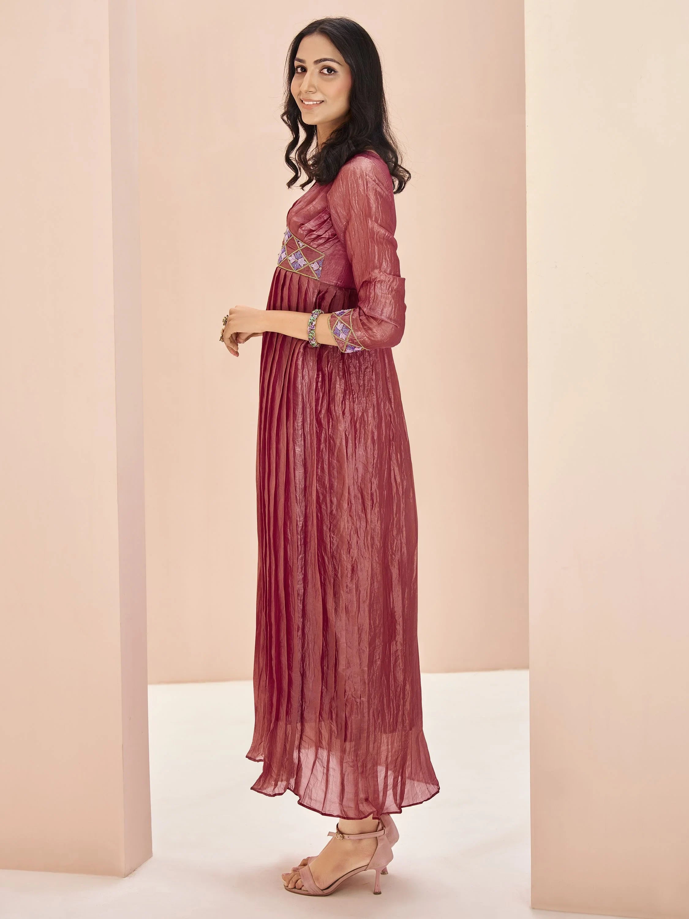 Coral Red Embroidered Organza Event Wear Kurti
