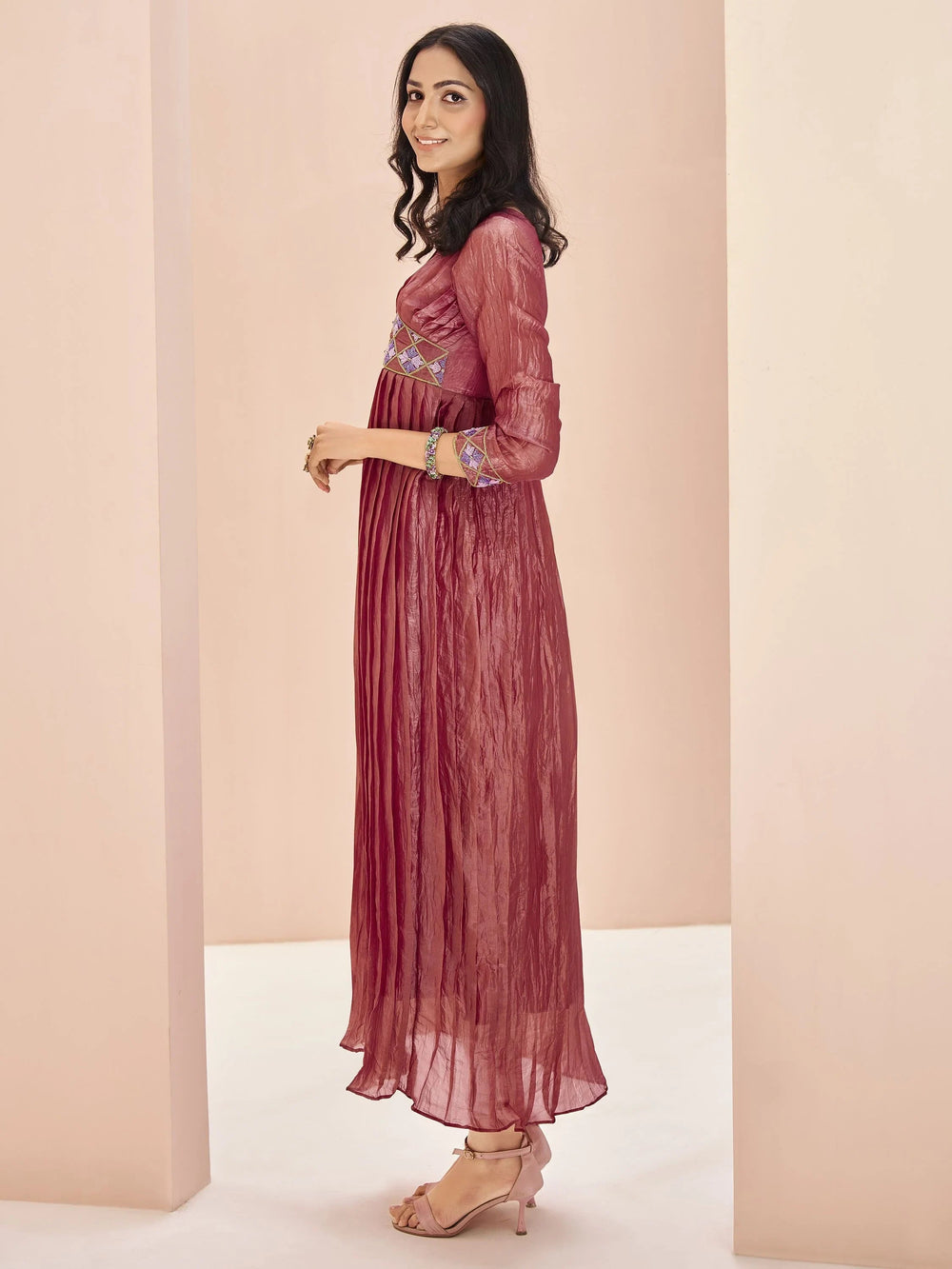 Coral Red Embroidered Organza Event Wear Kurti