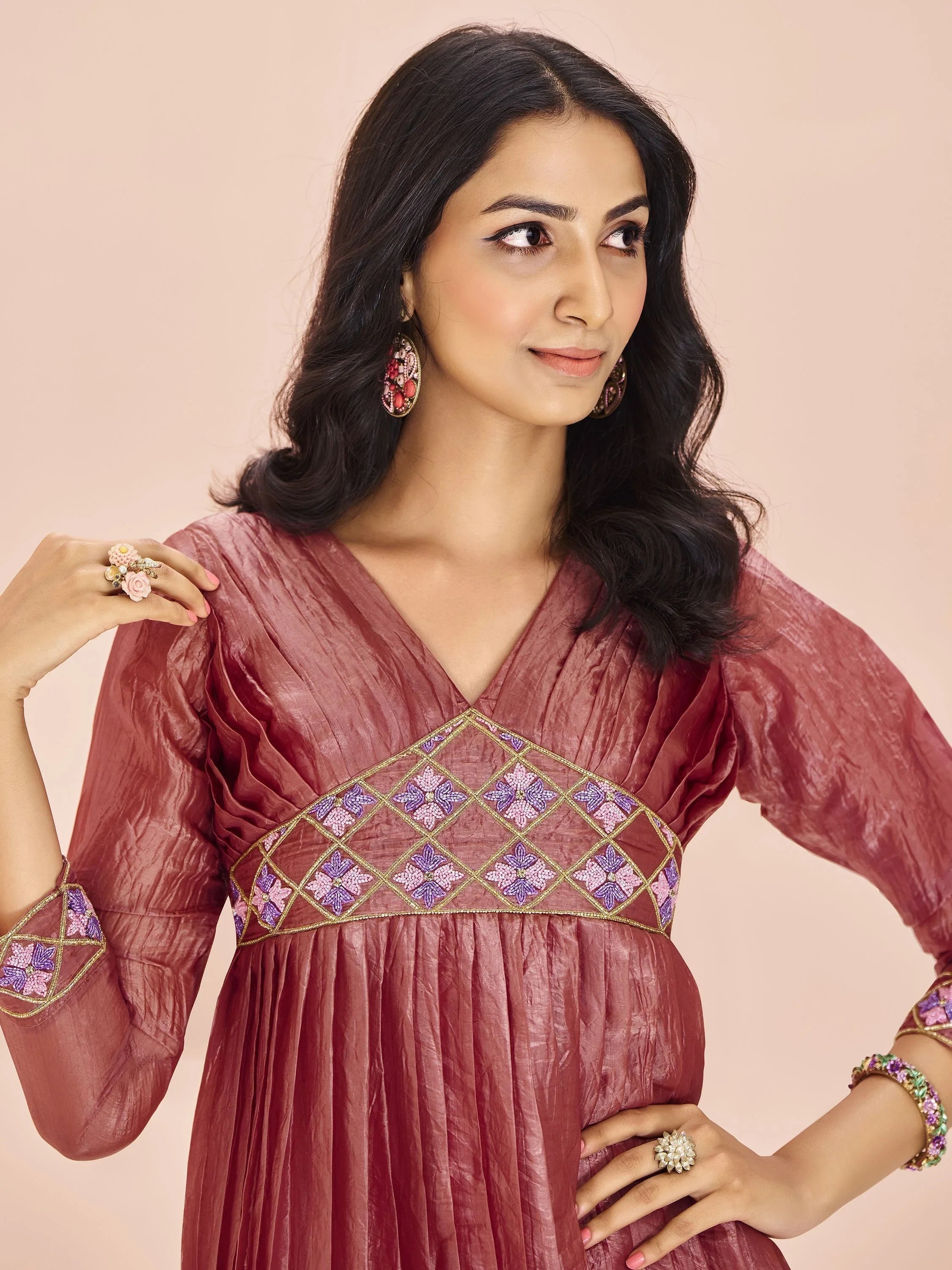 Coral Red Embroidered Organza Event Wear Kurti