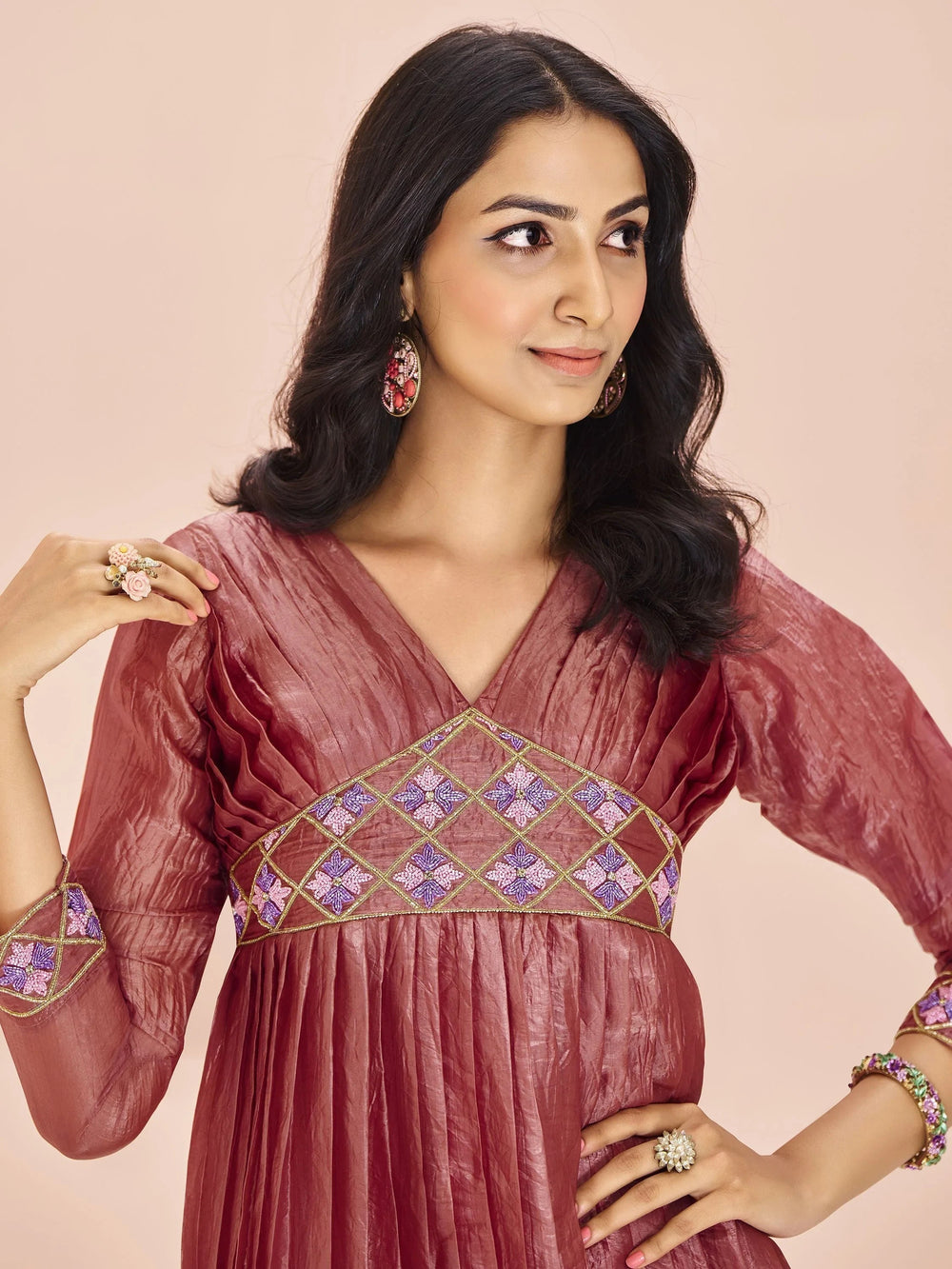 Coral Red Embroidered Organza Event Wear Kurti