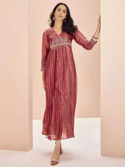 Coral Red Embroidered Organza Event Wear Kurti