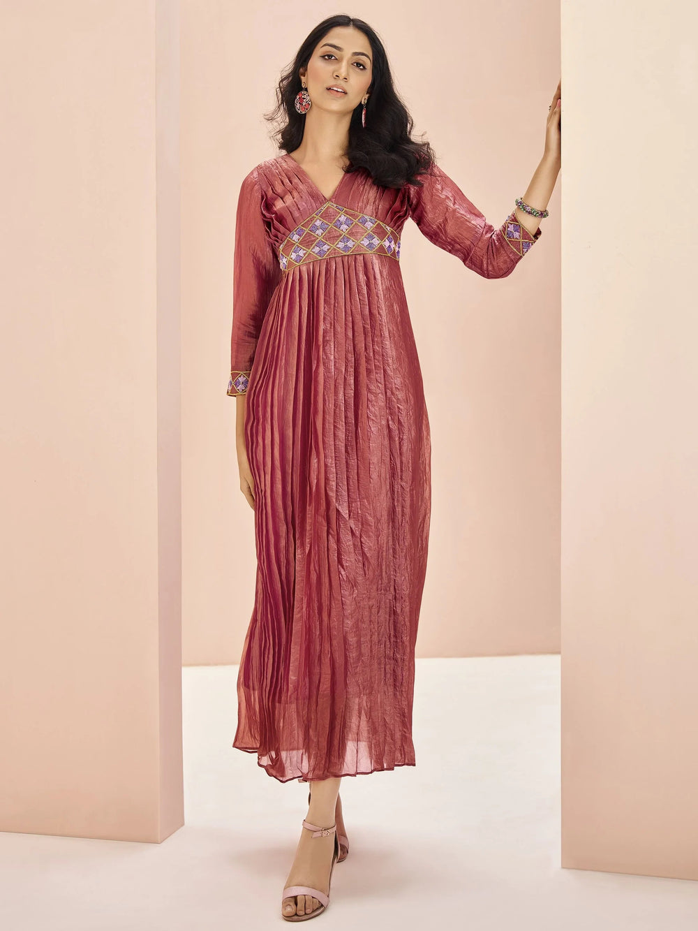 Coral Red Embroidered Organza Event Wear Kurti