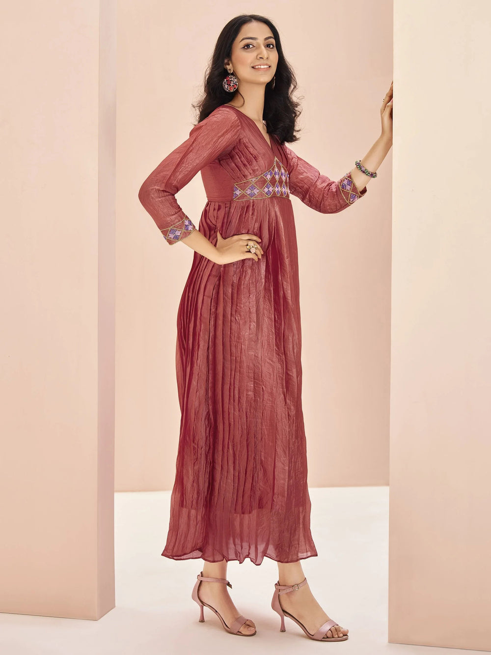 Coral Red Embroidered Organza Event Wear Kurti