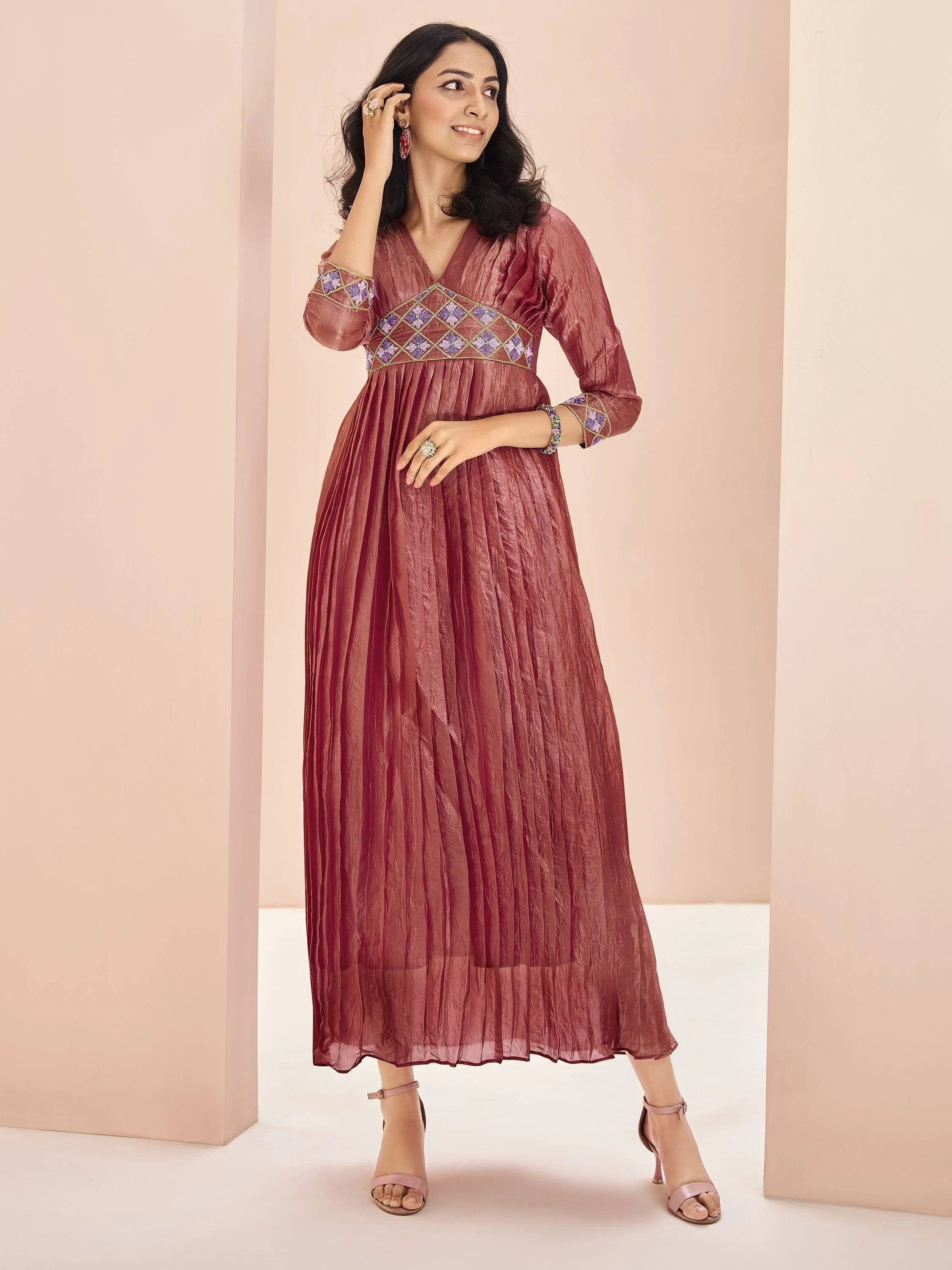 Coral Red Embroidered Organza Event Wear Kurti